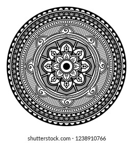 Flower-shaped mandala, black and white pattern. Islam, Arabic, Pakistan, Moroccan, Turkish, Indian, Spain motifs. Hand drawn background, vector isolated on white. EPS10
