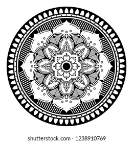 Flower-shaped mandala, black and white pattern. Islam, Arabic, Pakistan, Moroccan, Turkish, Indian, Spain motifs. Hand drawn background, vector isolated on white. EPS10
