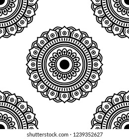 Flower-shaped mandala, black and white pattern. Islam, Arabic, Pakistan, Moroccan, Turkish, Indian, Spain motifs. Hand drawn background, vector isolated on white. EPS10
