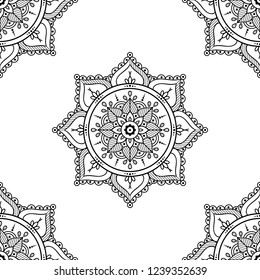 Flower-shaped mandala, black and white pattern. Islam, Arabic, Pakistan, Moroccan, Turkish, Indian, Spain motifs. Hand drawn background, vector isolated on white. EPS10
