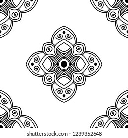 Flower-shaped mandala, black and white pattern. Islam, Arabic, Pakistan, Moroccan, Turkish, Indian, Spain motifs. Hand drawn background, vector isolated on white. EPS10
