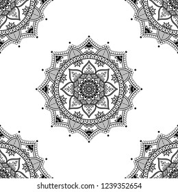 Flower-shaped mandala, black and white pattern. Islam, Arabic, Pakistan, Moroccan, Turkish, Indian, Spain motifs. Hand drawn background, vector isolated on white. EPS10
