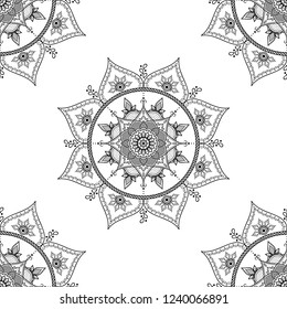 Flower-shaped mandala, black and white pattern. Can be used for greeting card, phone case print, etc. Hand drawn background, vector isolated on white. EPS10
