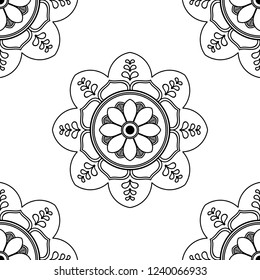 Flower-shaped mandala, black and white pattern. Can be used for greeting card, phone case print, etc. Hand drawn background, vector isolated on white. EPS10
