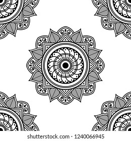 Flower-shaped mandala, black and white pattern. Can be used for greeting card, phone case print, etc. Hand drawn background, vector isolated on white. EPS10
