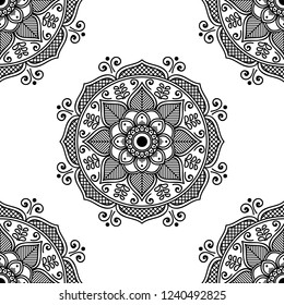 Flower-shaped mandala, black and white pattern. Islam, Arabic, Pakistan, Moroccan, Turkish, Indian, Spain motifs. Hand drawn background, vector isolated on white. EPS10


