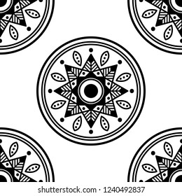 Flower-shaped mandala, black and white pattern. Islam, Arabic, Pakistan, Moroccan, Turkish, Indian, Spain motifs. Hand drawn background, vector isolated on white. EPS10

