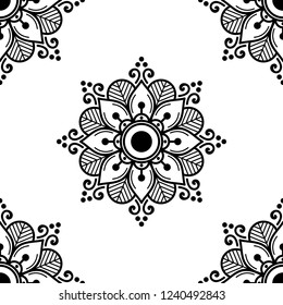 Flower-shaped mandala, black and white pattern. Islam, Arabic, Pakistan, Moroccan, Turkish, Indian, Spain motifs. Hand drawn background, vector isolated on white. EPS10

