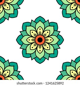 Flower-shaped mandala, black and white pattern. Can be used for greeting card, phone case print, etc. Hand drawn background, vector isolated on white. EPS10
