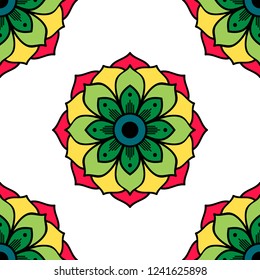 Flower-shaped mandala, black and white pattern. Can be used for greeting card, phone case print, etc. Hand drawn background, vector isolated on white. EPS10
