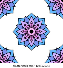 Flower-shaped mandala, black and white pattern. Can be used for greeting card, phone case print, etc. Hand drawn background, vector isolated on white. EPS10
