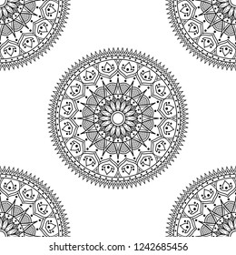 Flower-shaped mandala, black and white pattern. Islam, Arabic, Pakistan, Moroccan, Turkish, Indian, Spain motifs. Hand drawn background, vector isolated on white. EPS10
