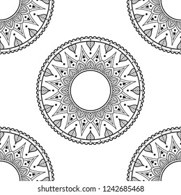Flower-shaped mandala, black and white pattern. Islam, Arabic, Pakistan, Moroccan, Turkish, Indian, Spain motifs. Hand drawn background, vector isolated on white. EPS10
