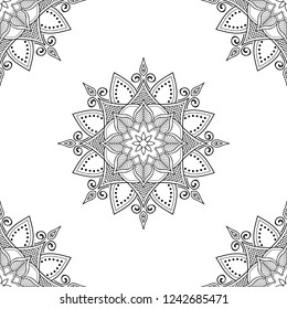 Flower-shaped mandala, black and white pattern. Islam, Arabic, Pakistan, Moroccan, Turkish, Indian, Spain motifs. Hand drawn background, vector isolated on white. EPS10
