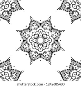 Flower-shaped mandala, black and white pattern. Islam, Arabic, Pakistan, Moroccan, Turkish, Indian, Spain motifs. Hand drawn background, vector isolated on white. EPS10
