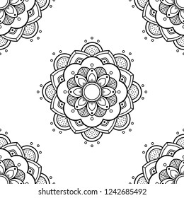 Flower-shaped mandala, black and white pattern. Islam, Arabic, Pakistan, Moroccan, Turkish, Indian, Spain motifs. Hand drawn background, vector isolated on white. EPS10
