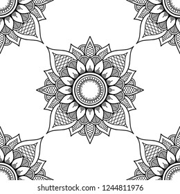 Flower-shaped mandala, black and white pattern. Islam, Arabic, Pakistan, Moroccan, Turkish, Indian, Spain motifs. Hand drawn background, vector isolated on white. EPS10
