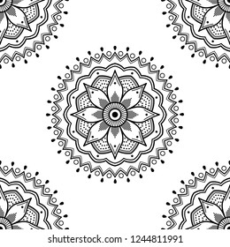 Flower-shaped mandala, black and white pattern. Islam, Arabic, Pakistan, Moroccan, Turkish, Indian, Spain motifs. Hand drawn background, vector isolated on white. EPS10
