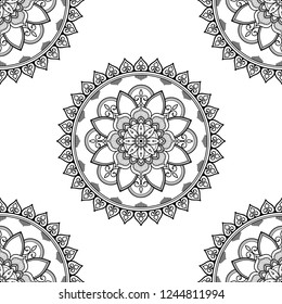 Flower-shaped mandala, black and white pattern. Islam, Arabic, Pakistan, Moroccan, Turkish, Indian, Spain motifs. Hand drawn background, vector isolated on white. EPS10
