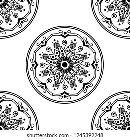 Flower-shaped mandala, black and white pattern. Can be used for greeting card, phone case print, etc. Hand drawn background, vector isolated on white. EPS10
