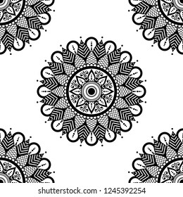 Flower-shaped mandala, black and white pattern. Can be used for greeting card, phone case print, etc. Hand drawn background, vector isolated on white. EPS10
