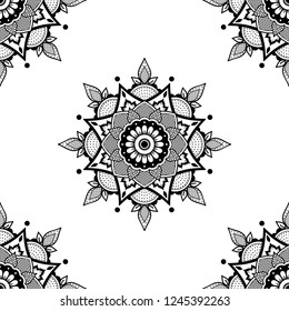 Flower-shaped mandala, black and white pattern. Can be used for greeting card, phone case print, etc. Hand drawn background, vector isolated on white. EPS10
