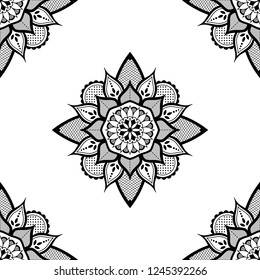 Flower-shaped mandala, black and white pattern. Can be used for greeting card, phone case print, etc. Hand drawn background, vector isolated on white. EPS10
