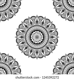 Flower-shaped mandala, black and white pattern. Can be used for greeting card, phone case print, etc. Hand drawn background, vector isolated on white. EPS10
