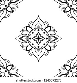 Flower-shaped mandala, black and white pattern. Can be used for greeting card, phone case print, etc. Hand drawn background, vector isolated on white. EPS10
