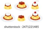 Flower-shaped pudding plate, fresh cream, cherries