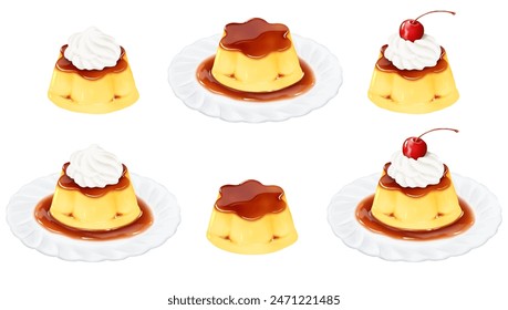 Flower-shaped pudding plate, fresh cream, cherries