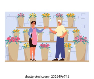 Flowershop interior. Florist selling bouquets. Woman at the refrigeration showcase of floral shop. Small business store with fresh flowers in vases and pots. Flat vector illustration
