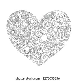 Flowers,leafs in hearted shape for print and adult coloring book,coloring page, colouring picture and other design element.Vector illustration