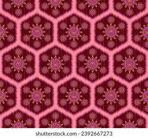 Flower,Snowflake Hexagonal ikat ethnic seamless pattern oriental traditional in tribal.Design for background,carpet,Batik,cover,textile,wallpaper,clothing,wrapping,Vector illustration.embroidery style