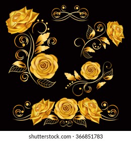 Flowers.Vector illustration with gold roses. Vintage decoration. Decorative, ornate, antique, luxury, floral elements on black background. Concept for invitation, banners, gift cards, congratulation. 