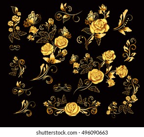 Flowers.Vector illustration with gold roses. Vintage decoration. Decorative, ornate, antique, luxury, floral elements on black background. Concept for invitation, banners gift cards