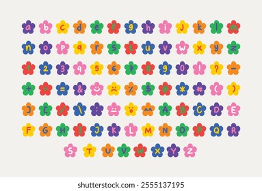 Flower-Themed Alphabet And Symbols. A vibrant collection of letters, numbers, and symbols displayed on colorful flower-shaped backgrounds with a playful and creative design.