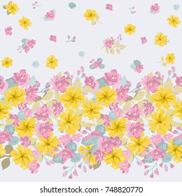 Flowery bright border in cute flowers. Calico millefleurs. Floral seamless background for textile or book covers, manufacturing, wallpapers, print, gift wrap and scrapbooking.