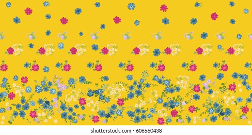 Flowery bright border in small flowers. Millefleurs. Floral seamless background for textile, surface, fabric, wallpapers, gift wrap and scrapbooking, decoupage. Fashion spring colors. Satin print.