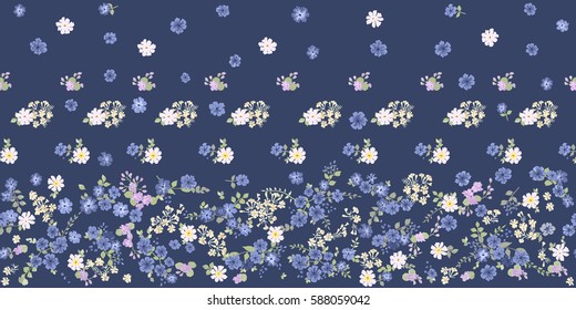 Flowery bright border in small-scale flowers. Calico millefleurs. Floral seamless navy background for home textile, womans dress, covers, manufacturing, wallpapers, print, gift wrap and scrapbooking.