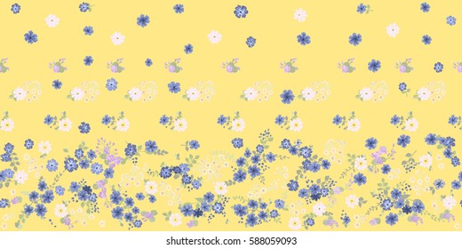 Flowery bright border in small-scale flowers. Calico millefleurs. Floral seamless sunny yellow background for home textile, womans dress, covers, wallpapers, print, gift wrap and scrapbooking.