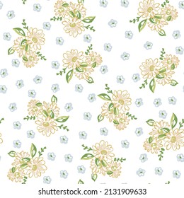 Flowery bright liberty pattern in small-scale wild candy flowers. Liberty style millefleurs. yellow with blue flower on white background for textile, surface, fabric, wallpapers, 