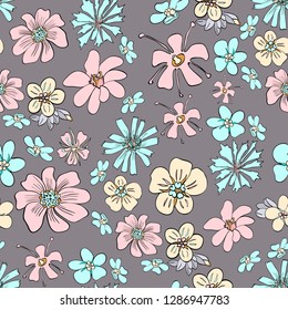 Flowery bright pattern. Flower meadow.  Floral seamless background Vector illustration