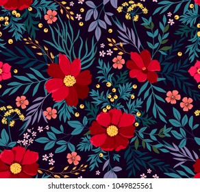 Flowery bright pattern in red flowers and blue leave. Liberty style. Floral seamless background for trendy print. Floral background. Spring bouquet.