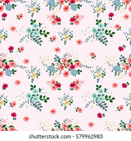 Flowery bright pattern in small-scale blue and pink flowers. Country style millefleurs. Floral seamless background for textile, covers, manufacturing, wallpapers, print, gift wrap and scrapbooking.