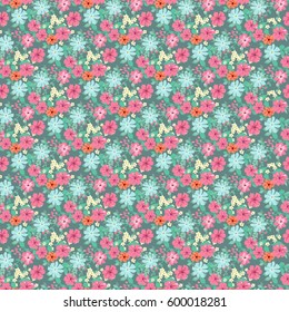 Flowery bright pattern in small-scale blue and pink flowers. Calico millefleurs. Floral seamless background for textile, surface, fabric, wallpapers, print, gift wrap and scrapbooking, decoupage.