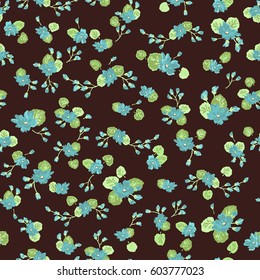 Flowery bright pattern in small-scale blue flowers. Country style millefleurs. Floral seamless spring background for textile, surface, fabric, wallpapers, print, gift wrap and scrapbooking, decoupage.