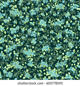 Flowery bright pattern in small-scale blue flowers. Country style millefleurs. Floral seamless spring background for textile, surface, fabric, wallpapers, print, gift wrap and scrapbooking, decoupage.
