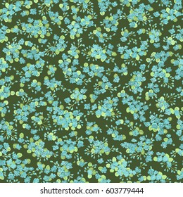 Flowery bright pattern in small-scale blue flowers. Country style millefleurs. Floral seamless spring background for textile, surface, fabric, wallpapers, print, gift wrap and scrapbooking, decoupage.