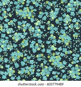 Flowery bright pattern in small-scale blue flowers. Country style millefleurs. Floral seamless spring background for textile, surface, fabric, wallpapers, print, gift wrap and scrapbooking, decoupage.